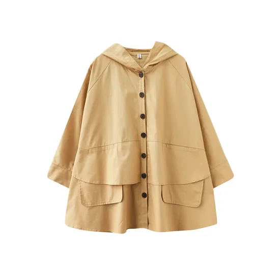 Loose Solid Color Buttoned Hooded Long Sleeves Trench Coat Loose Solid Color Buttoned Hooded Long Sleeves Trench Coat