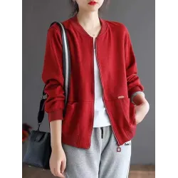 Simple Long Sleeves Loose Solid Color Zipper Stand Collar Outerwear