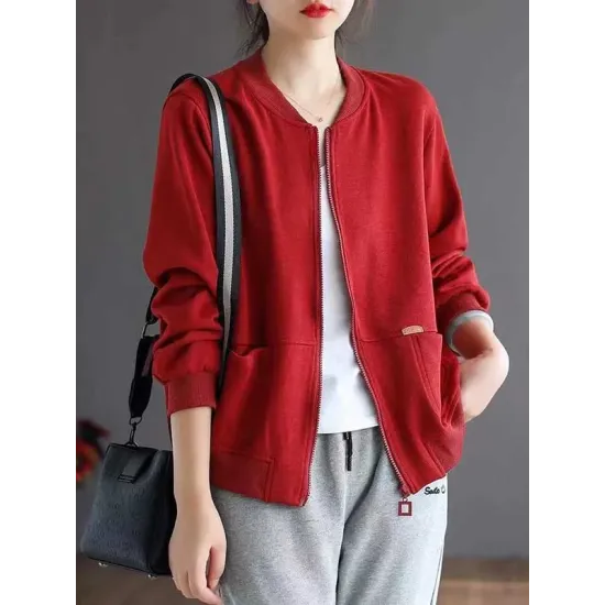 Simple Long Sleeves Loose Solid Color Zipper Stand Collar Outerwear Simple Long Sleeves Loose Solid Color Zipper Stand Collar Outerwear
