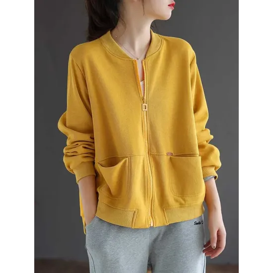Simple Long Sleeves Loose Solid Color Zipper Stand Collar Outerwear Simple Long Sleeves Loose Solid Color Zipper Stand Collar Outerwear