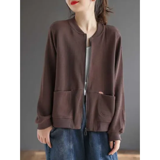 Simple Long Sleeves Loose Solid Color Zipper Stand Collar Outerwear Simple Long Sleeves Loose Solid Color Zipper Stand Collar Outerwear