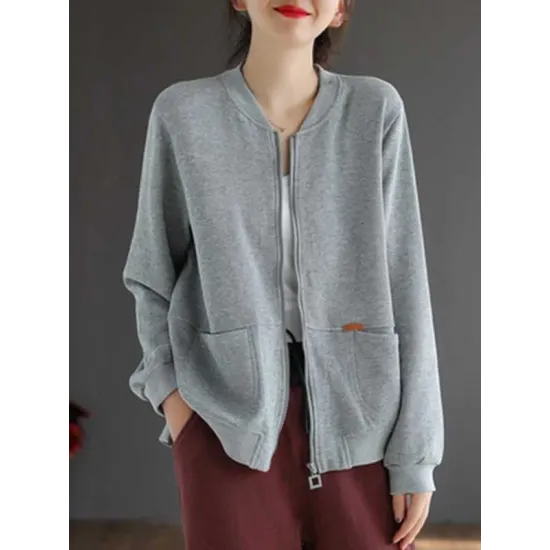 Simple Long Sleeves Loose Solid Color Zipper Stand Collar Outerwear Simple Long Sleeves Loose Solid Color Zipper Stand Collar Outerwear