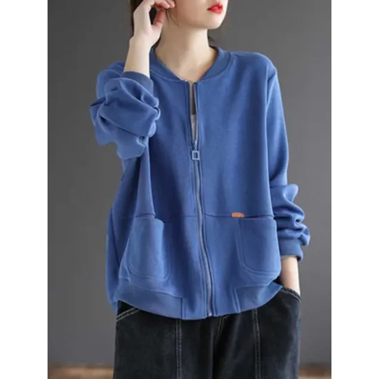 Simple Long Sleeves Loose Solid Color Zipper Stand Collar Outerwear Simple Long Sleeves Loose Solid Color Zipper Stand Collar Outerwear