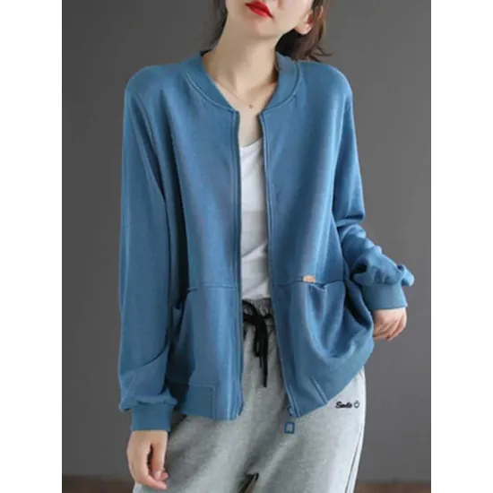 Simple Long Sleeves Loose Solid Color Zipper Stand Collar Outerwear Simple Long Sleeves Loose Solid Color Zipper Stand Collar Outerwear