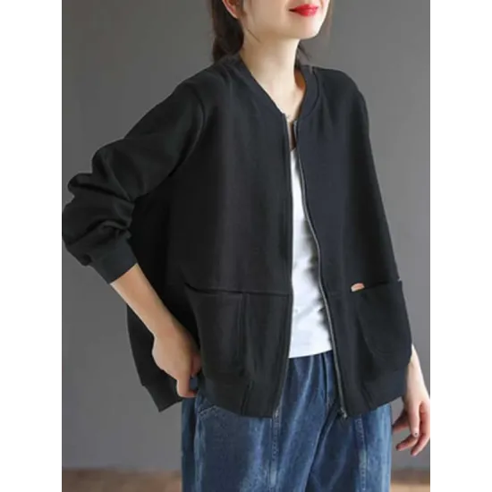 Simple Long Sleeves Loose Solid Color Zipper Stand Collar Outerwear Simple Long Sleeves Loose Solid Color Zipper Stand Collar Outerwear