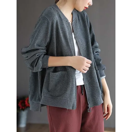 Simple Long Sleeves Loose Solid Color Zipper Stand Collar Outerwear Simple Long Sleeves Loose Solid Color Zipper Stand Collar Outerwear