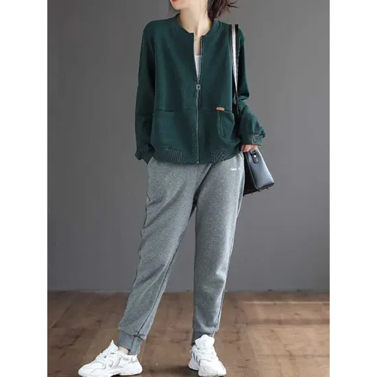 Simple Long Sleeves Loose Solid Color Zipper Stand Collar Outerwear Simple Long Sleeves Loose Solid Color Zipper Stand Collar Outerwear