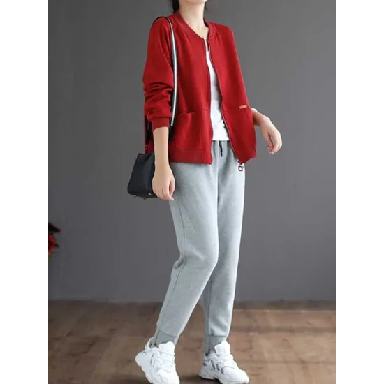 Simple Long Sleeves Loose Solid Color Zipper Stand Collar Outerwear Simple Long Sleeves Loose Solid Color Zipper Stand Collar Outerwear
