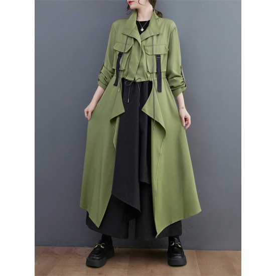Loose Long Sleeves Drawstring Split-Joint Lapel Trench Coats Loose Long Sleeves Drawstring Split-Joint Lapel Trench Coats