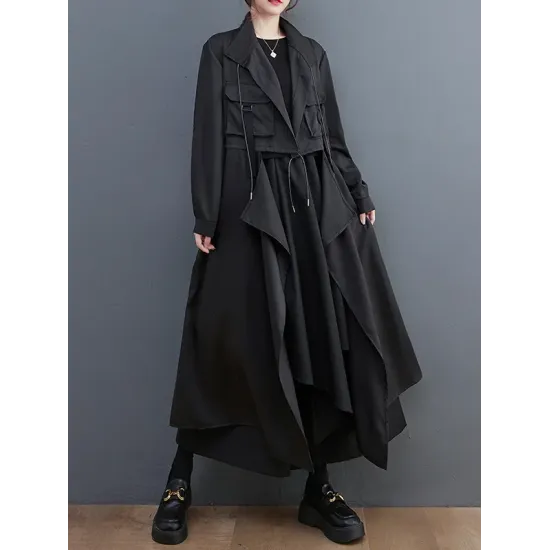 Loose Long Sleeves Drawstring Split-Joint Lapel Trench Coats Loose Long Sleeves Drawstring Split-Joint Lapel Trench Coats