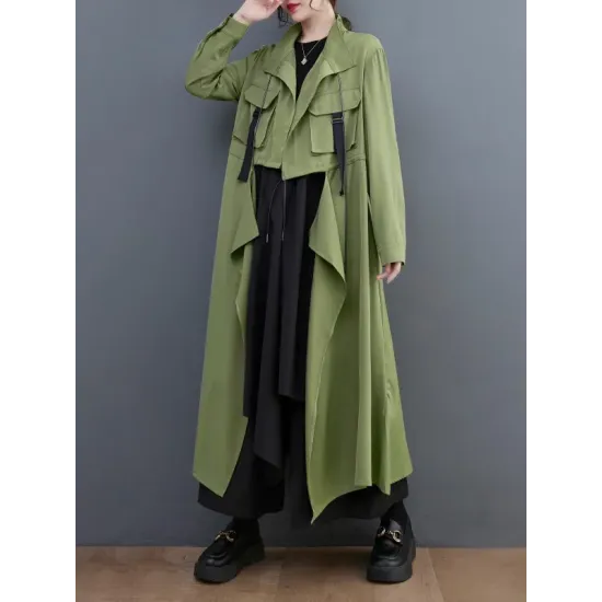 Loose Long Sleeves Drawstring Split-Joint Lapel Trench Coats Loose Long Sleeves Drawstring Split-Joint Lapel Trench Coats