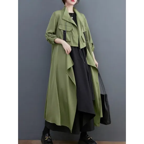 Loose Long Sleeves Drawstring Split-Joint Lapel Trench Coats Loose Long Sleeves Drawstring Split-Joint Lapel Trench Coats