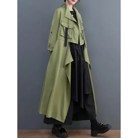 Loose Long Sleeves Drawstring Split-Joint Lapel Trench Coats Loose Long Sleeves Drawstring Split-Joint Lapel Trench Coats