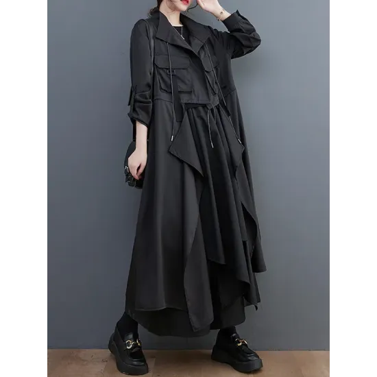Loose Long Sleeves Drawstring Split-Joint Lapel Trench Coats Loose Long Sleeves Drawstring Split-Joint Lapel Trench Coats