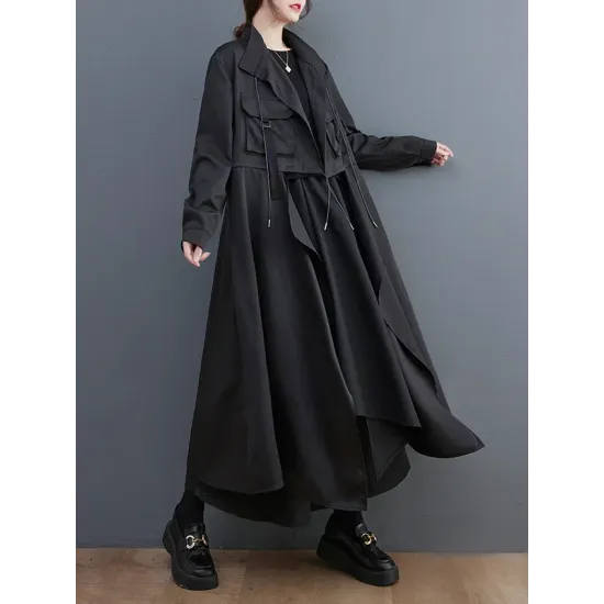 Loose Long Sleeves Drawstring Split-Joint Lapel Trench Coats Loose Long Sleeves Drawstring Split-Joint Lapel Trench Coats