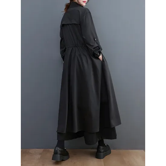 Loose Long Sleeves Drawstring Split-Joint Lapel Trench Coats Loose Long Sleeves Drawstring Split-Joint Lapel Trench Coats