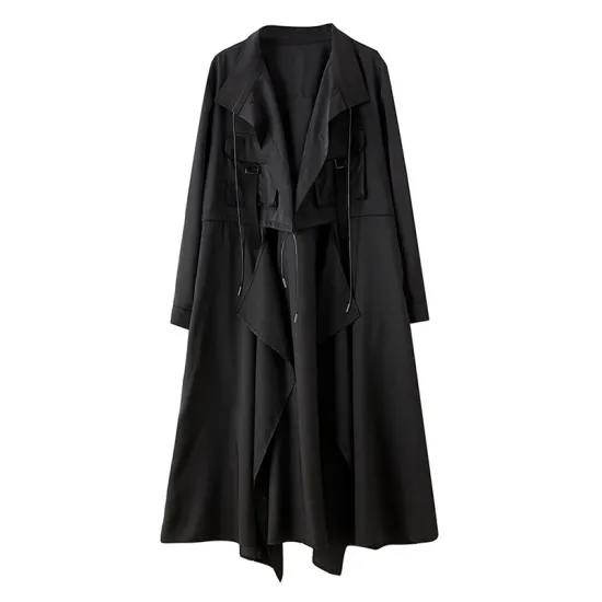 Loose Long Sleeves Drawstring Split-Joint Lapel Trench Coats Loose Long Sleeves Drawstring Split-Joint Lapel Trench Coats