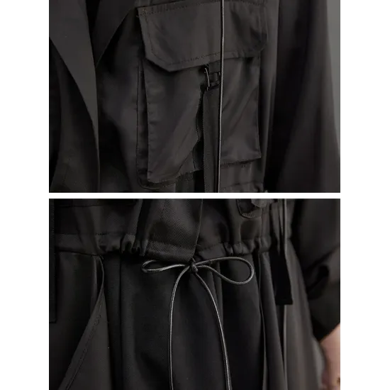 Loose Long Sleeves Drawstring Split-Joint Lapel Trench Coats Loose Long Sleeves Drawstring Split-Joint Lapel Trench Coats