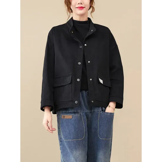 Vintage Long Sleeves Loose Buttoned Solid Color High-Neck Outerwear Vintage Long Sleeves Loose Buttoned Solid Color High-Neck Outerwear