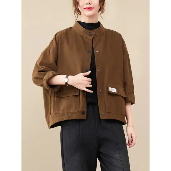 Vintage Long Sleeves Loose Buttoned Solid Color High-Neck Outerwear Vintage Long Sleeves Loose Buttoned Solid Color High-Neck Outerwear