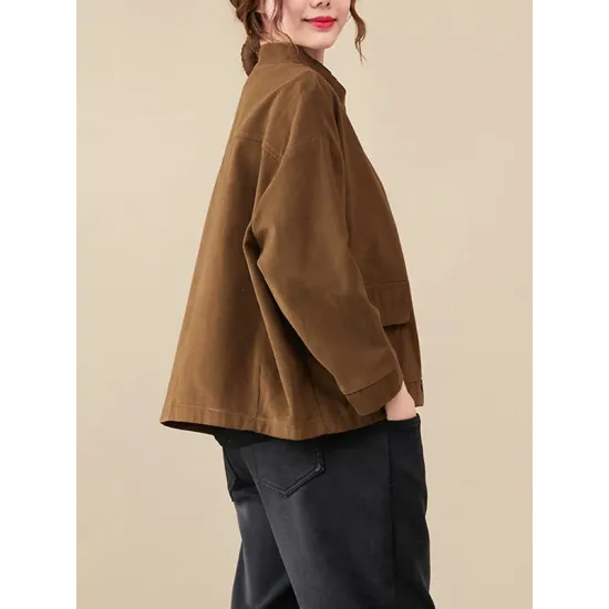 Vintage Long Sleeves Loose Buttoned Solid Color High-Neck Outerwear Vintage Long Sleeves Loose Buttoned Solid Color High-Neck Outerwear