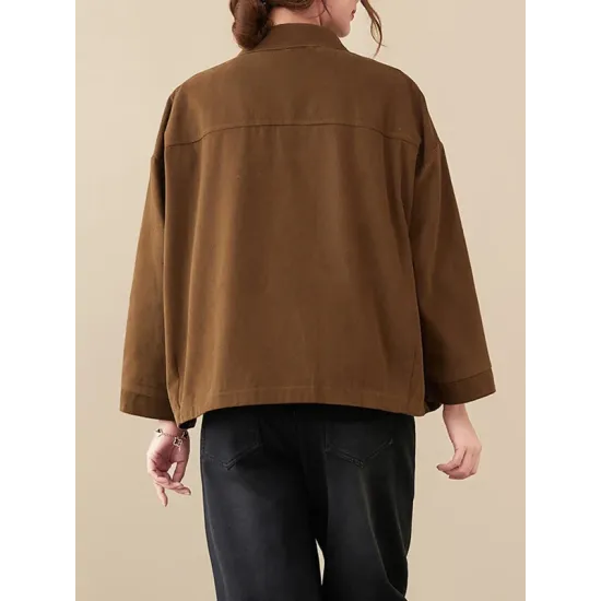 Vintage Long Sleeves Loose Buttoned Solid Color High-Neck Outerwear Vintage Long Sleeves Loose Buttoned Solid Color High-Neck Outerwear