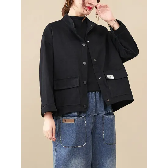 Vintage Long Sleeves Loose Buttoned Solid Color High-Neck Outerwear Vintage Long Sleeves Loose Buttoned Solid Color High-Neck Outerwear