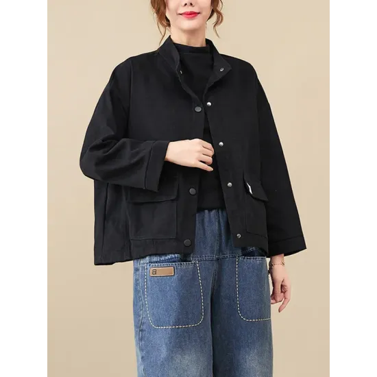 Vintage Long Sleeves Loose Buttoned Solid Color High-Neck Outerwear Vintage Long Sleeves Loose Buttoned Solid Color High-Neck Outerwear