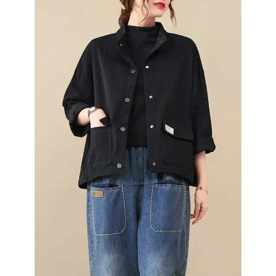Vintage Long Sleeves Loose Buttoned Solid Color High-Neck Outerwear Vintage Long Sleeves Loose Buttoned Solid Color High-Neck Outerwear