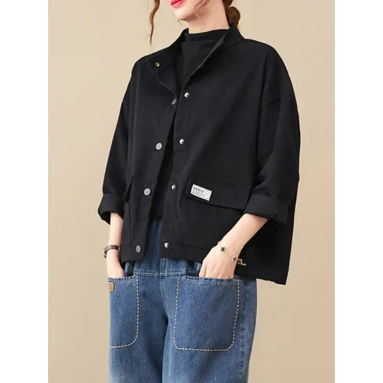 Vintage Long Sleeves Loose Buttoned Solid Color High-Neck Outerwear Vintage Long Sleeves Loose Buttoned Solid Color High-Neck Outerwear