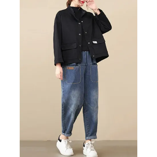 Vintage Long Sleeves Loose Buttoned Solid Color High-Neck Outerwear Vintage Long Sleeves Loose Buttoned Solid Color High-Neck Outerwear