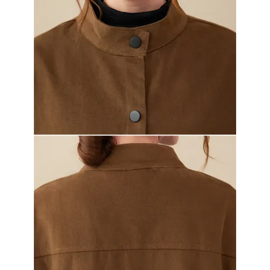 Vintage Long Sleeves Loose Buttoned Solid Color High-Neck Outerwear Vintage Long Sleeves Loose Buttoned Solid Color High-Neck Outerwear
