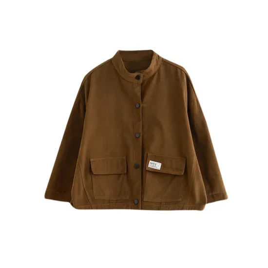 Vintage Long Sleeves Loose Buttoned Solid Color High-Neck Outerwear Vintage Long Sleeves Loose Buttoned Solid Color High-Neck Outerwear