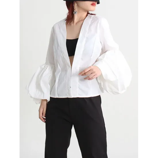 Casual Puff Sleeves Long Sleeves Solid Color Deep V-Neck Outerwear Casual Puff Sleeves Long Sleeves Solid Color Deep V-Neck Outerwear