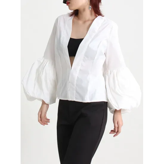Casual Puff Sleeves Long Sleeves Solid Color Deep V-Neck Outerwear Casual Puff Sleeves Long Sleeves Solid Color Deep V-Neck Outerwear