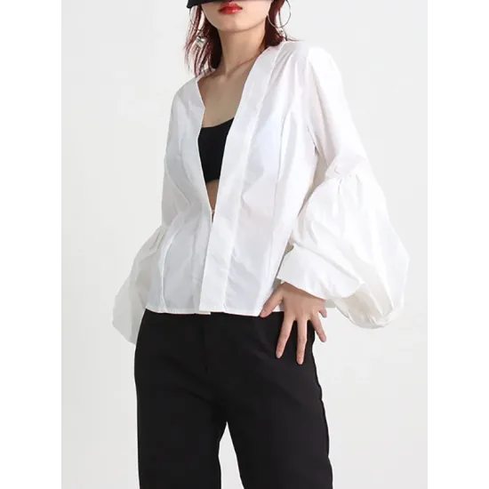 Casual Puff Sleeves Long Sleeves Solid Color Deep V-Neck Outerwear Casual Puff Sleeves Long Sleeves Solid Color Deep V-Neck Outerwear