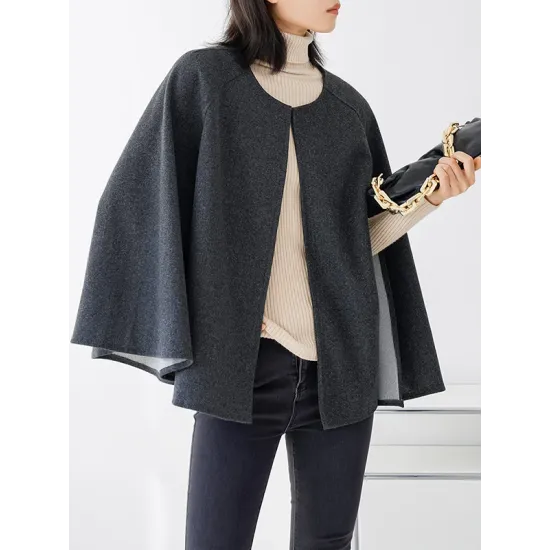 Casual Loose Solid Color Round-Neck Cape Outerwear