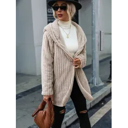 Simple Long Sleeves Loose Solid Color Zipper Plush Hooded Outerwear