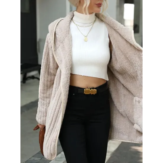 Simple Long Sleeves Loose Solid Color Zipper Plush Hooded Outerwear Simple Long Sleeves Loose Solid Color Zipper Plush Hooded Outerwear