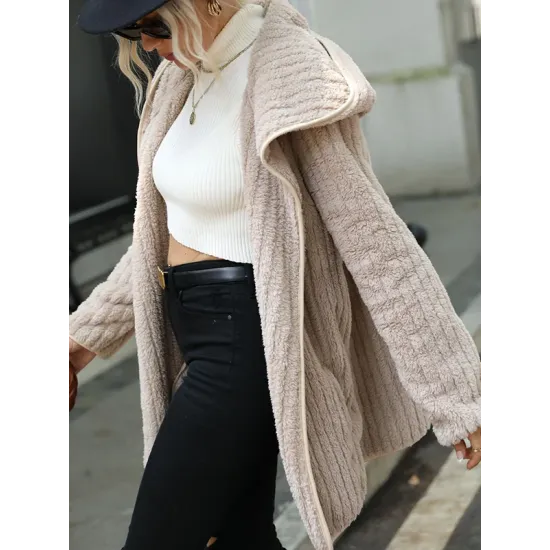 Simple Long Sleeves Loose Solid Color Zipper Plush Hooded Outerwear Simple Long Sleeves Loose Solid Color Zipper Plush Hooded Outerwear