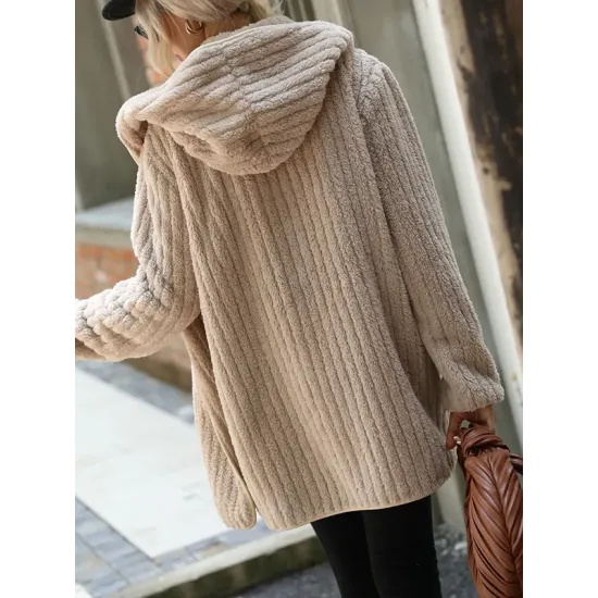 Simple Long Sleeves Loose Solid Color Zipper Plush Hooded Outerwear Simple Long Sleeves Loose Solid Color Zipper Plush Hooded Outerwear