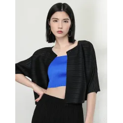 Casual Loose Half Sleeves Pleated Solid Color Outerwear