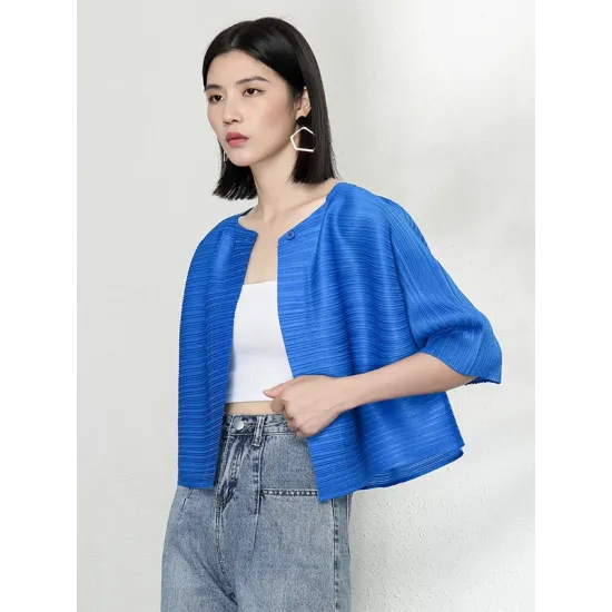 Casual Loose Half Sleeves Pleated Solid Color Outerwear Casual Loose Half Sleeves Pleated Solid Color Outerwear
