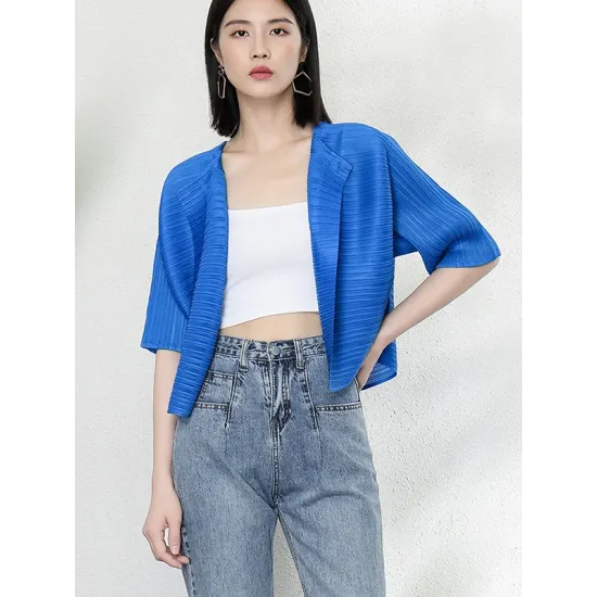 Casual Loose Half Sleeves Pleated Solid Color Outerwear Casual Loose Half Sleeves Pleated Solid Color Outerwear
