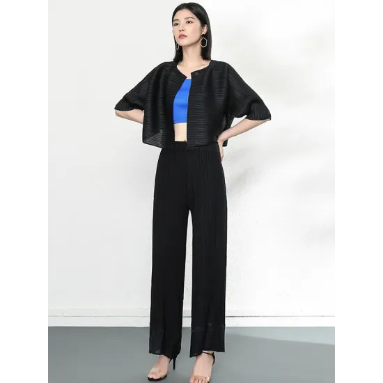 Casual Loose Half Sleeves Pleated Solid Color Outerwear Casual Loose Half Sleeves Pleated Solid Color Outerwear