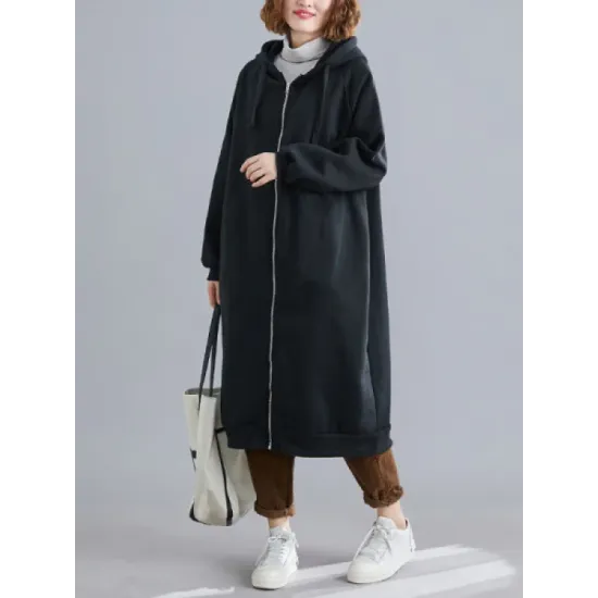 Casual Loose Long Sleeves Solid Color Hooded Outerwear Casual Loose Long Sleeves Solid Color Hooded Outerwear