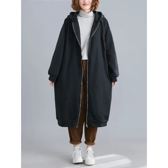 Casual Loose Long Sleeves Solid Color Hooded Outerwear Casual Loose Long Sleeves Solid Color Hooded Outerwear