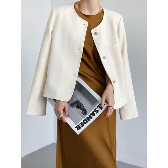 Original Creation Long Sleeves Loose Buttoned Solid Color Round-Neck Outerwear Original Creation Long Sleeves Loose Buttoned Solid Color Round-Neck Outerwear