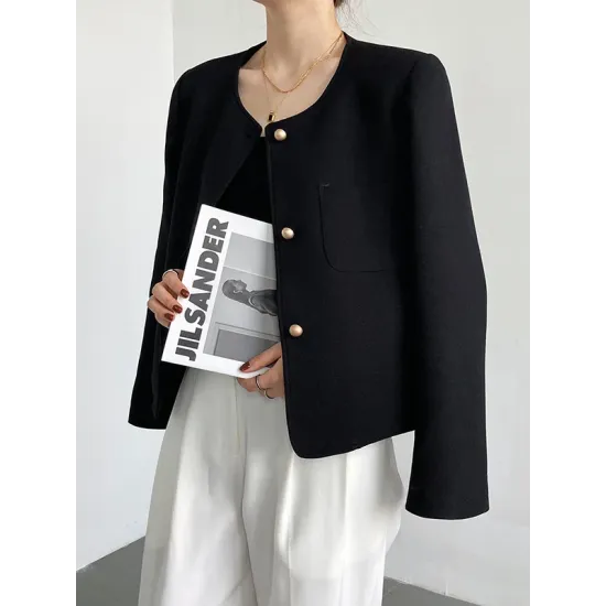 Original Creation Long Sleeves Loose Buttoned Solid Color Round-Neck Outerwear Original Creation Long Sleeves Loose Buttoned Solid Color Round-Neck Outerwear