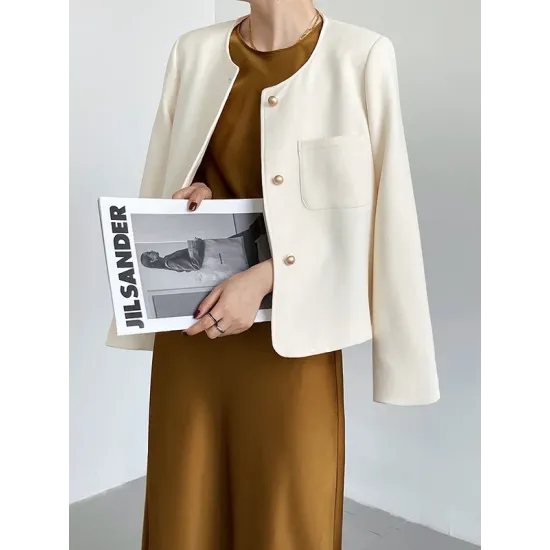 Original Creation Long Sleeves Loose Buttoned Solid Color Round-Neck Outerwear Original Creation Long Sleeves Loose Buttoned Solid Color Round-Neck Outerwear